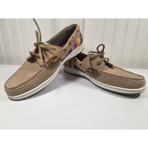 Maui Island Women's Boat Shoes 7.5M Tan Leather Resort Bright Plaid Casual Loafe